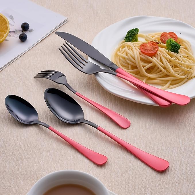 20-Piece Black Silverware Set 18/0 Stainless Steel Silverware Set Pink Handle Cutlery Set Service for 4 Dinner Knives Forks Spoons Set Flatware Set Finish Dishwasher Safe(Black and Pink)
