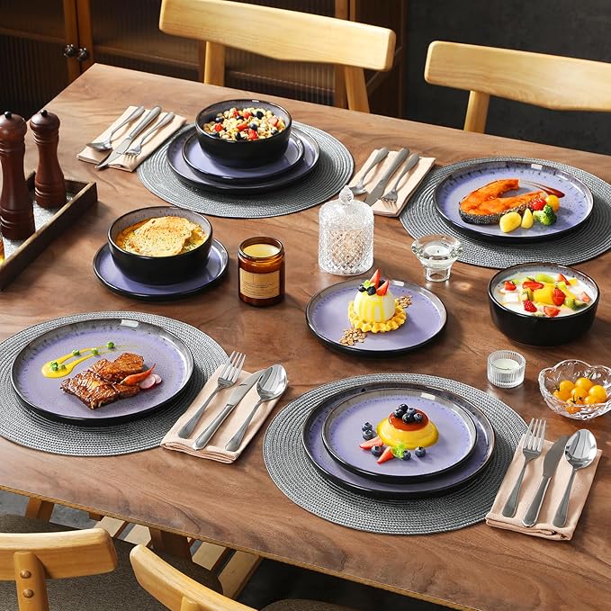 vancasso Plates and Bowls Sets, 24 Pieces Stoneware Dinnerware Sets for 8, Kitchen Dish Set Mircowave and Dishwasher Safe Dinner Set Ceramic Dishware, Light Purple, Series AMBER