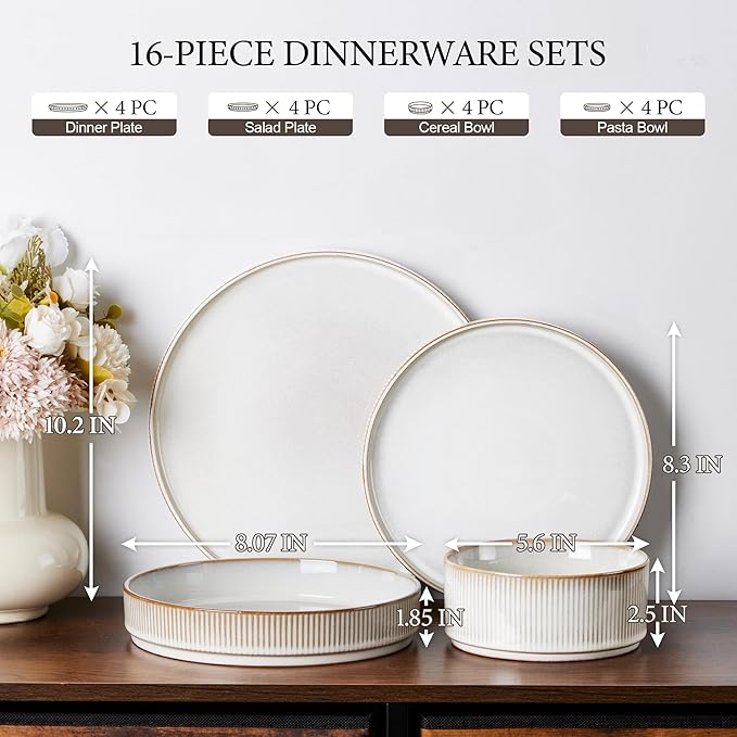 E-far 16 Piece Dinnerware Sets, Plates and Bowls with Pasta Bowls Service for 4, Modern Stoneware Ribbed Dishes for Kitchen Dining, Microwave & Dishwasher Safe, Creamy Beige