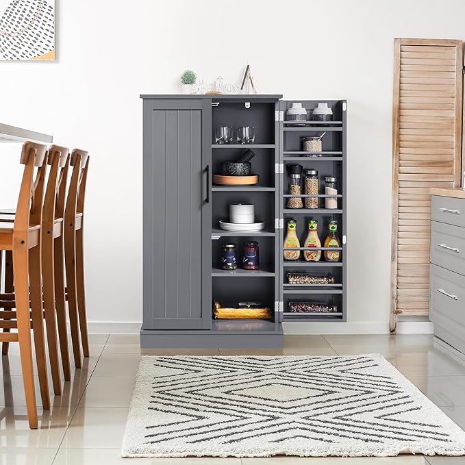 Yaheetech Storage Cabinet, Kitchen Pantry Cabinet with Door and 6 Adjustable Shelves, Storage Organizer for Living Room, Laundry, Bathroom, Gray