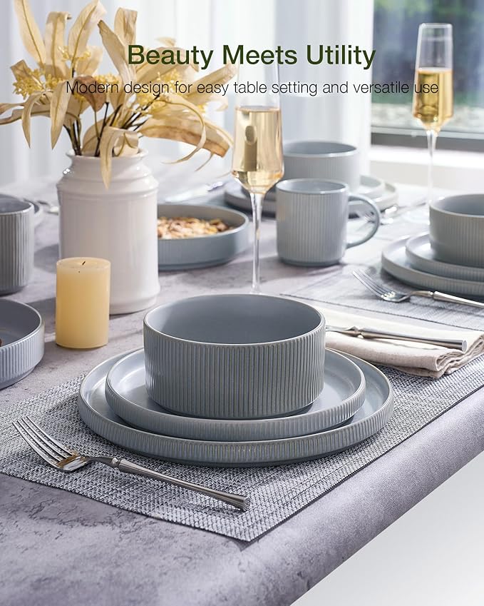 Famiware Star Dinnerware Set, Plates and Bowls Sets for 4 (12pcs), Ribbed Stoneware Dishes - Chip & Scratch Resistant, Microwave & Dishwasher Safe, Matte Gray