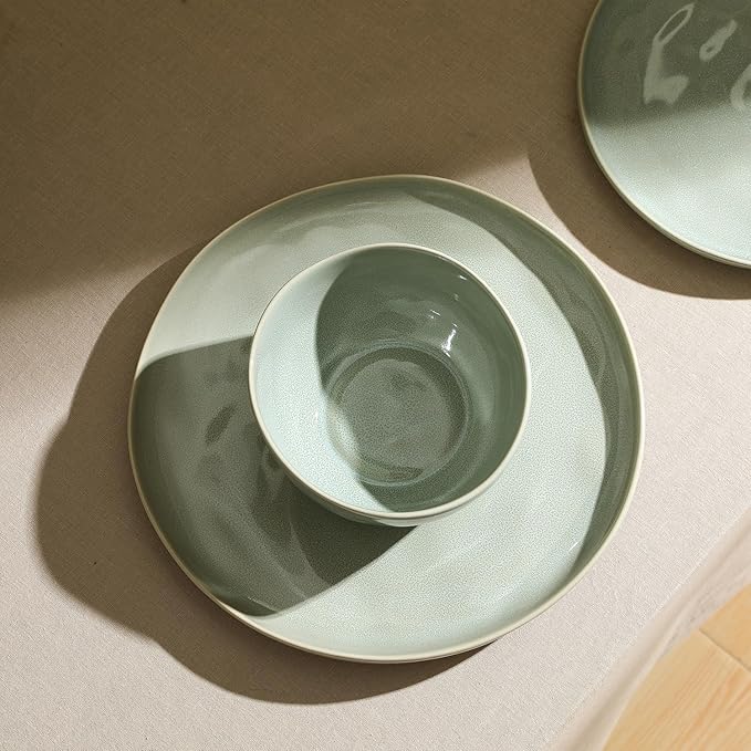 Stone Lain Mirella 12-Piece Stoneware Dinnerware Set, Service for 4 – Reactive Glaze, Light Green – Includes Dinner Plates, Salad Plates, and Bowls – Organic Modern Design