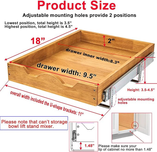 DINDON Pull Out Cabinet Organizer (11" W x 18" D) 1 Tier,Single Tier Oak Wood Under Cabinet Slide Out Shelf Drawer Box…