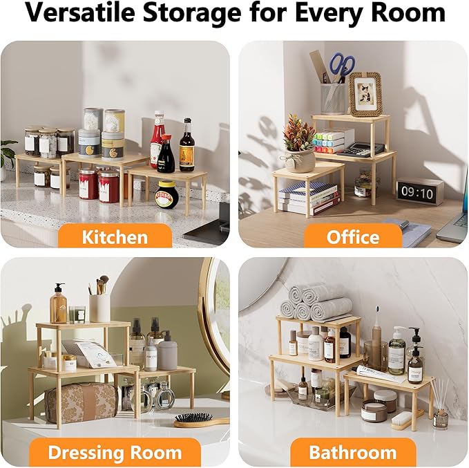 Cabinet Storage Organizer Shelf, Set of 3 Kitchen Cabinet Shelves, Stackable Cabinet Risers, Wood Spice Rack for Countertop, Under Sink, Bathroom, Pantry Organization with Non-Slip Mat