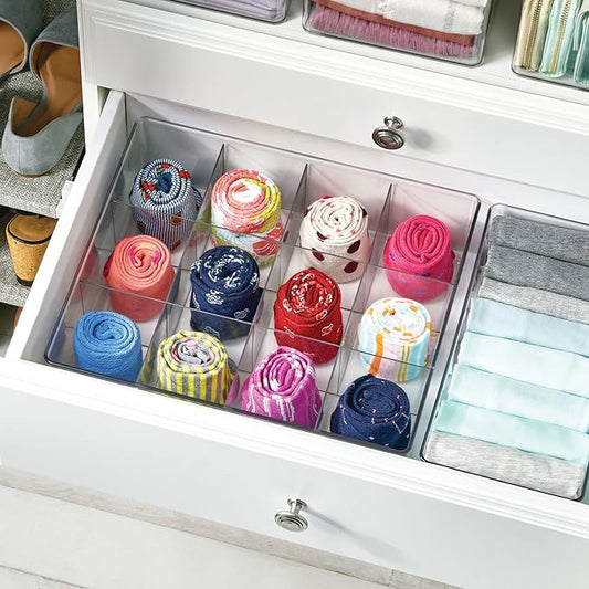mDesign Plastic 12 Compartment Divided Drawer and Closet Storage Bin - Organizer for Scarves, Socks, Ties Bras, and Underwear - Dress Drawer Organizer, Shelf Organization - Clear