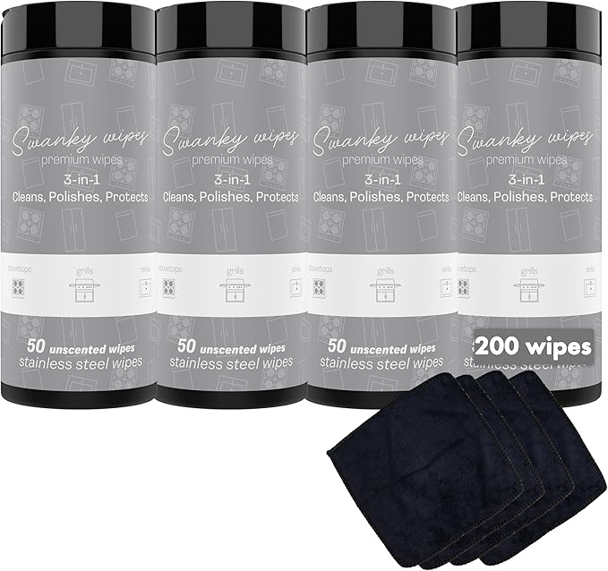 Swanky Stainless Steel Cleaner Wipes - Grime & Grease Remover Kitchen Cleaning Supplies - Clean & Shine, For Stove Top, Refrigerator, Sink, Oven, & Household Appliances - Canister, 200 Count