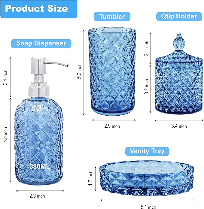 Blue Bathroom Accessories Set, 4Pcs Clear Glass Bathroom Accessory Set, Lotion Soap Dispenser, Toothbrush Holder Set, Soap Dish, Qtip Holder for Vintage Crystal Bath Decor, Light Blue