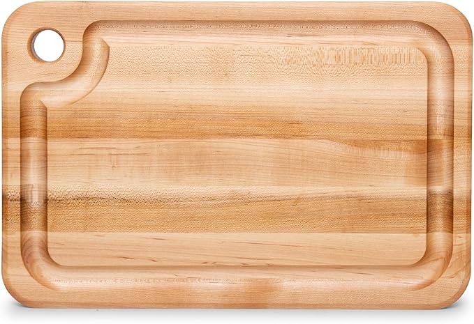 John Boos Prestige Series Rectangular Wooden Maple Cutting Board 18”x12” – 1.25” Thick, 8-lb Reversible Butcher Block with Juice Groove, Edge-Grain & Finger Grip Hole – Made in the USA