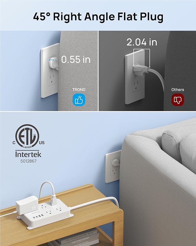 TROND Power Strip with USB, Surge Protector Flat Plug with 5 Widely-Spaced Outlets and 4 USB Ports, ETL Listed, 1300J, Wall Mountable, 5ft Extension Cord, for Office Kitchen, White