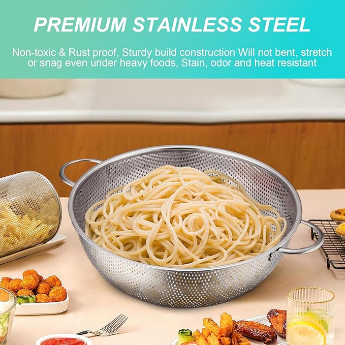 3-Piece Stainless Steel Colander Set with Handles - 5Qt/3Qt/1Qt Nesting Strainers for Pasta, Veggies, Fruit Drainage, Durable Micro-Hole Mesh for Fast Water Flow