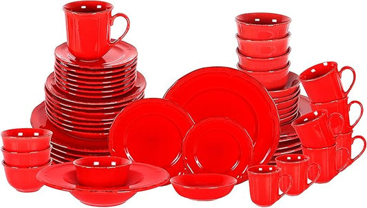 56pc Dinnerware Set, Plate and Bowl Set, Stoneware Dishes Set for 8, Microwave and Dishwahser Safe, Scratch Resistant, French Countryside Speckled Antique Red