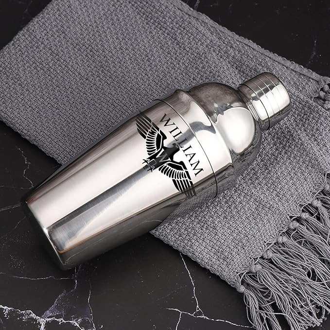 Personalized Cocktail Shaker 24oz - Custom Stainless Steel Bar Kit with Engraved Name, Built-in Strainer & Measuring Jigger & Spoon, Gift for Bartenders & Cocktail Lovers (Eagle Design)