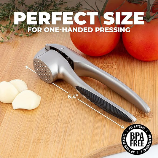 Zulay Kitchen Large Premium Garlic Press Set β Rust Proof & Dishwasher Safe, Bigger Bowl Garlic Mincer Tool with Silicone Garlic Peeler & Brush, Easy Squeeze & Clean, Ergonomic Handle - Silver
