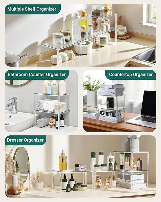 Acrylic Cabinet Organizer, Set of 2 Shelf Organizer, Spice Rack Organizer for Cabinet, Desk Countertop Organizer, Stackable Shelves for Pantry Kitchen Storage and Organization