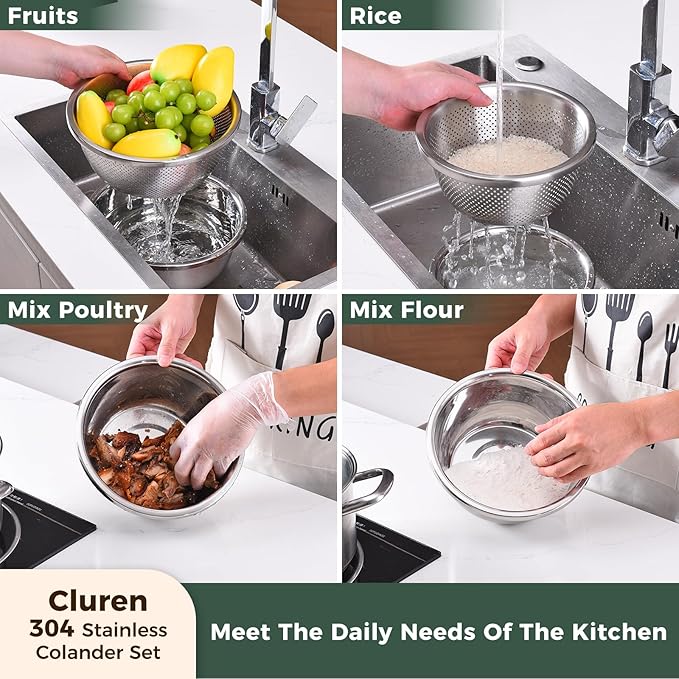 Colander and Bowl Set 2.3QT (2-in-1) - Thickened 304 Stainless Steel Kitchen Strainer Bowl for Fruit, Pasta, Vegetables, Rice - Heavy Duty, Induction Cooker & Dishwasher Safe