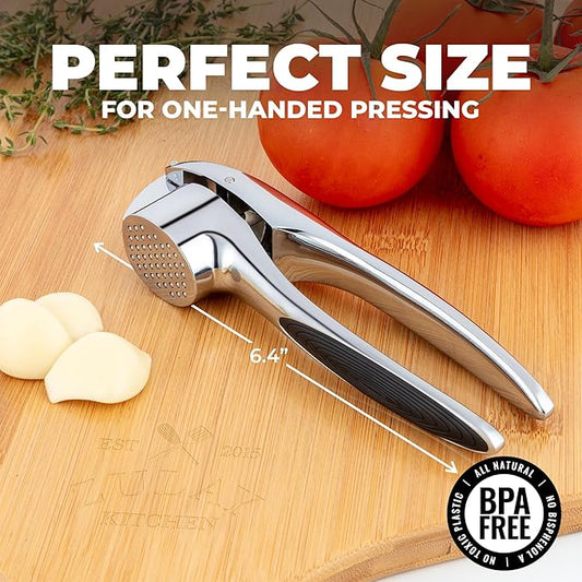 Zulay Kitchen Large Premium Garlic Press Set β Rust Proof & Dishwasher Safe, Bigger Bowl Garlic Mincer Tool with Silicone Garlic Peeler & Brush, Easy Squeeze & Clean, Ergonomic Handle - Chrome