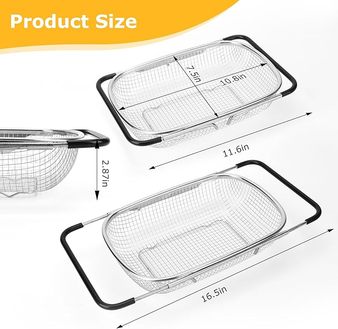 ZDRongZhen Kitchen Accessories Over the Sink Colander Strainer Basket,Stainless Steel Colander with Expandable Rubber Grip Sink Drainer-Rinse Vegetables Fruits &Strain&Drain (Medium-grid)