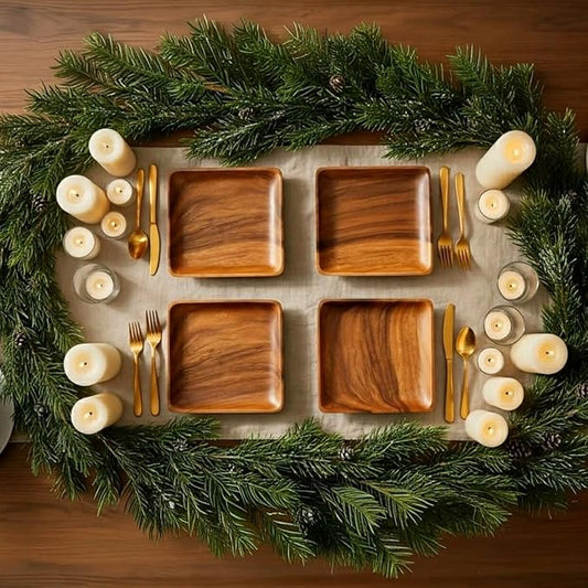Wooden Plates Set of 4 – 8” Square Acacia Wood Plates, Rustic Salad, Side Dish, and Dessert Dinnerware for Snacks, Appetizers, or Wooden Chargers