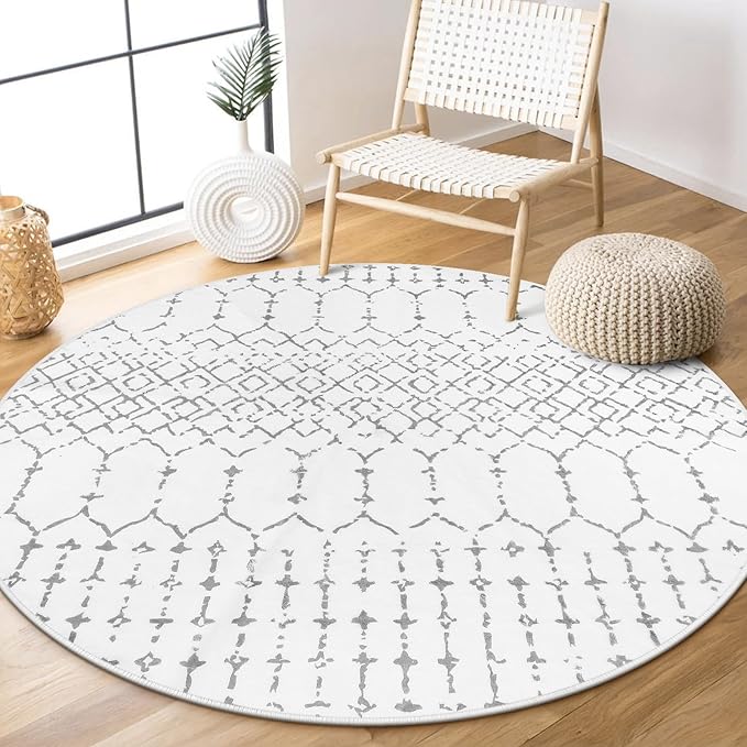 Lahome Moroccan Round Rugs - 4Ft Washable Non-Slip Small Round Area Rug for Bedroom Soft White Low-Pile Round Throw Rug, Modern Geometric Print Indoor Circle Rugs for Kitchen Living Room Sofa Nursery