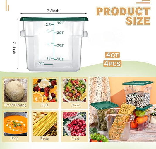 Maxcheck 4 Pcs 4qt Food Storage Container with Lids Bulk Clear Commercial Food Storage Bins with Scale Handle Space Saving Restaurant Tubs for Kitchen Prep Proof Dough Marinating Meat(Multicolor)