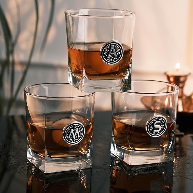 Personalized Whiskey Glass with Metal Initial – 10.5oz Premium Rocks Glass for Bourbon Scotch – Custom Engraved Letter Gift for Men Dad Groomsmen
