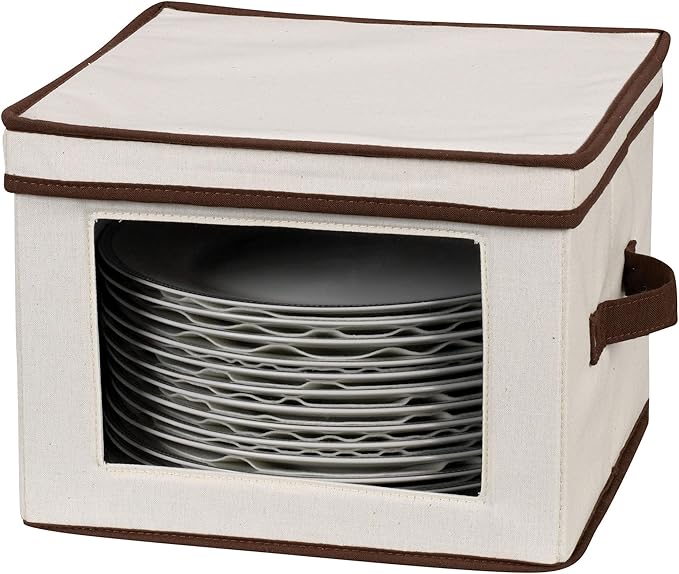 Household Essentials 536 Dinnerware Storage Box with Lid and Handles | Storage Bin for Dinner Plates | Natural Canvas with Brown Trim