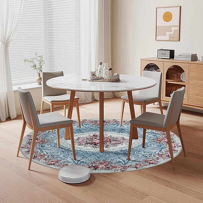 Easy-Going Round Rug 6ft Area Rug Washable Floral Circle Rugs for Living Room Non-Slip Bedroom Rug Low Pile Lightweight Retro Flowers Throw Rug for Dining Room Kitchen Home Home Office, Teal Red