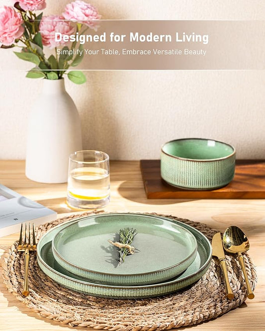 GBHOME Stoneware Dinnerware Sets for 4,Round Reactive Glaze Ceramic Plates and Bowls Set,Highly Scratch Resistant | Dishwasher & Microwave Safe Dishes Set,Service for 4(12Pcs),Pastel Green