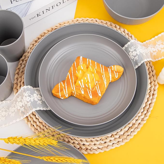 LIYH 48 Pcs Grey Plastic Wheat Straw Dinnerware Set - Plates and Bowls Sets, Camping Dish Set for 12, Unbreakable Dishwasher Safe Wheat Straw Plates Bowls Reusable 12 Guests