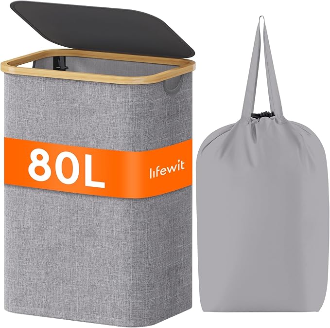 Lifewit 80L Laundry Basket with Lid, Clothes Hampers for Laundry with Bamboo Handles and A Removable Laundry Bag, Large Foldable Hamper for Bedroom, Bathroom, Dorm, Laundry Room, Light Gray