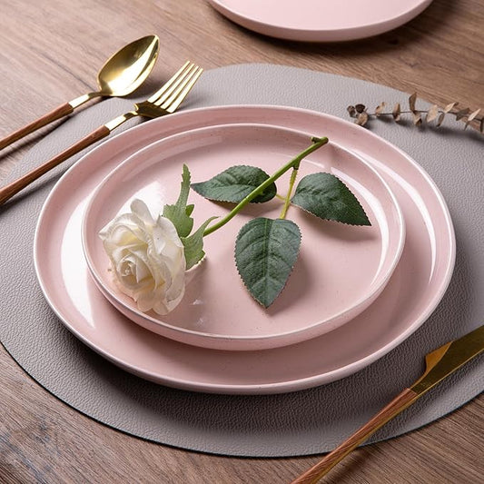 AmorArc Ceramic Dinnerware Sets for 8, 24 Pieces Handpainted Speckled Plates and Bowls Set with Rustic Terracotta Underside, Scratch Resistant Stoneware Dishes Set, Dishwasher & Microwave Safe, Pink