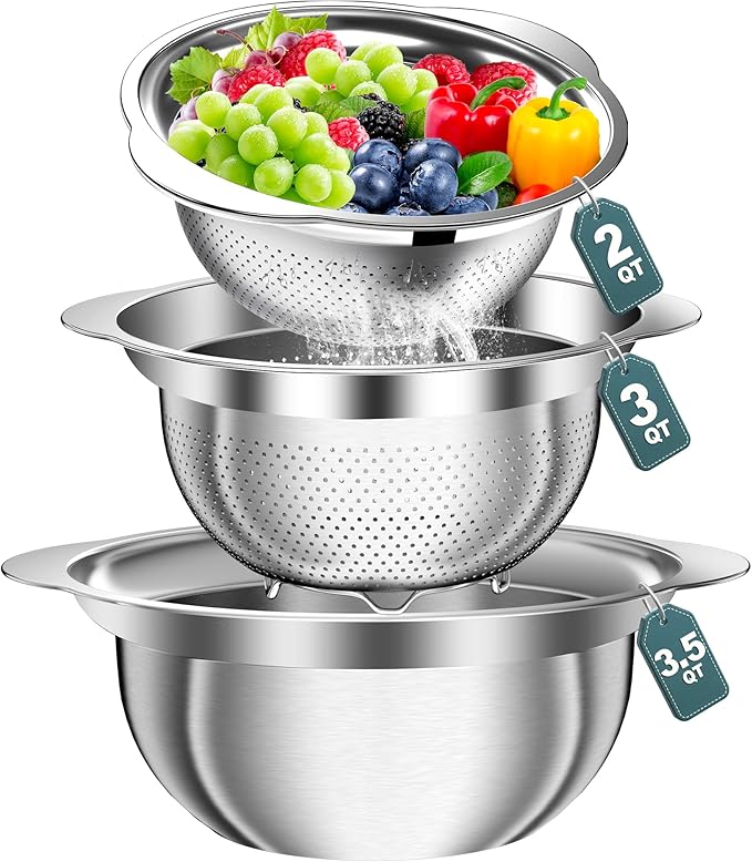 Colander for Kitchen - Stainless Steel Strainer - 3Pcs Strainers and Colanders with Handle, Kitchen Gadget, Food Strainer Basket for Pasta Noodles Spaghetti Vegetables Fruit, 2QT + 3QT + 3.5QT Bowl