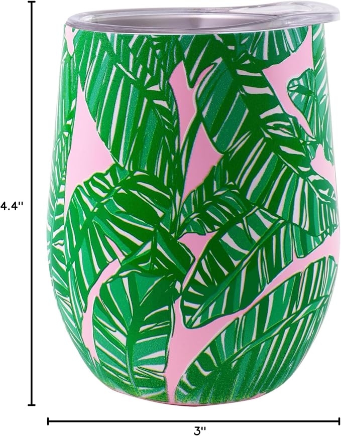 Lilly Pulitzer 12 Oz Insulated Tumbler with Lid, Yellow/Green Stainless Steel Travel Wine Glass, Double Wall Metal Cup (Let's Go Bananas)