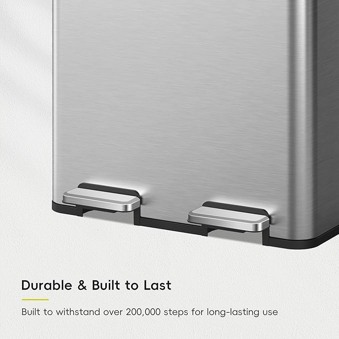 EKO Edison Dual Trash Can for Recycling and Trash, 8+8 Gallons Kitchen Garbage Can with Dual Removable Inner Liners, Independent Lids and Pedals, Matte Stainless Steel