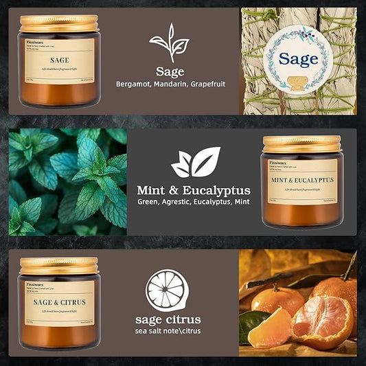 9 Pack Soy Candles for Home Scented |(Sage/Mint & Eucalyptus/Sage & Citrus) Long-Lasting 270 Hours, Natural Scented Candles Gift for Women & Men, Birthday, Mother’s Day, Christmas, Thanksgiving