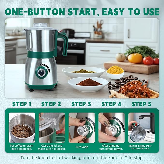 Spice Grinder Electric,Herb Nut Grinder for Kitchen,Detachable Espresso Grinders with Stainless Steel Blades,Filter and Brush, 500w Dry and Wet Grain Mill for Coffee,Rice,Bean,Seasoning (Green-X)