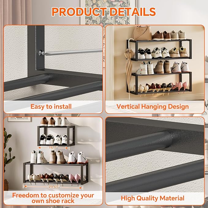 Homeiju Hanging Shoe Organizer,2 Pack Wall Mounted Shoe Rack Holds 12 Pairs,Space Saving Metal Wall Shoe Rack,Hanging Shoe Rack Shoe Holder for Small Space,Entryway,Closet,RV,Camper(Black