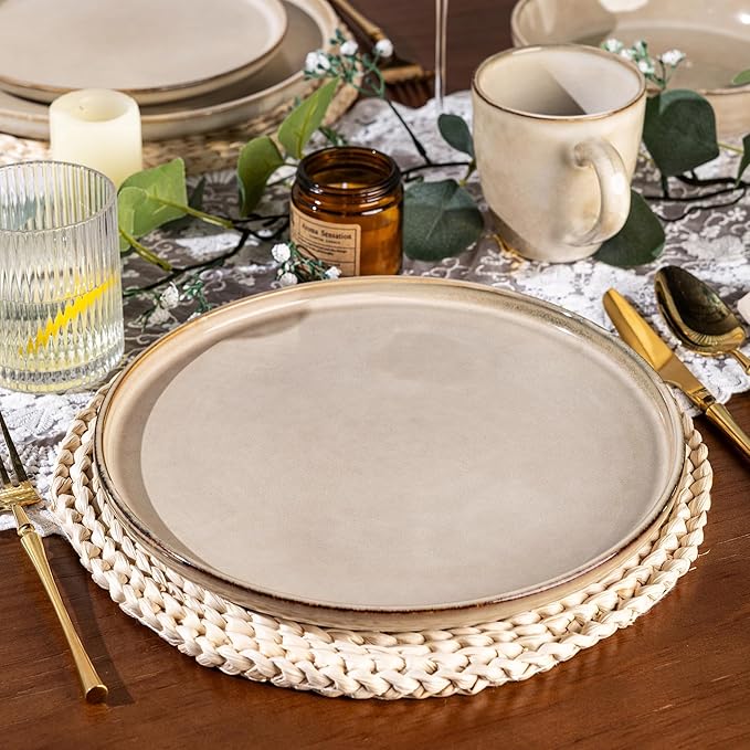 GBHOME 32 Pieces Double Bowls Ceramic Dinnerware Sets for 8, Stoneware Plates and Bowls Set with Reactive Glaze, Scratch Resistant Stoneware Dishes Set, Dishwasher & Microwave Safe