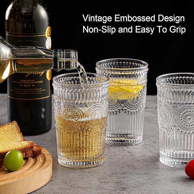 Vintage Glassware Drinking Glasses Set of 6,13 oz Clear Textured Flower Design Glass Water Tumblers,Embossed Striped Drinkware for Water,Cocktails,Juice,Iced Coffee