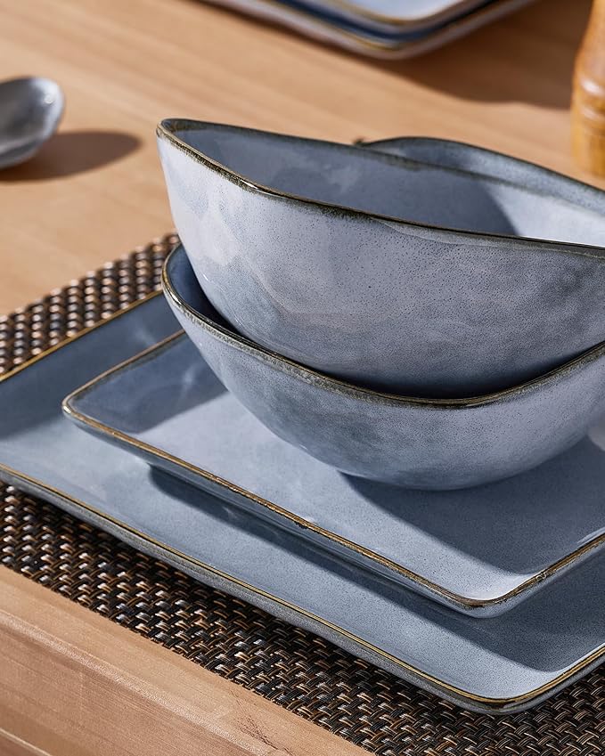 Famiware Ocean Square Plates and Bowls Set, 18 Pieces Dinnerware Sets, Dishes Set for 6, Microwave and Dishwasher Safe, Scratch Resistant, Blue