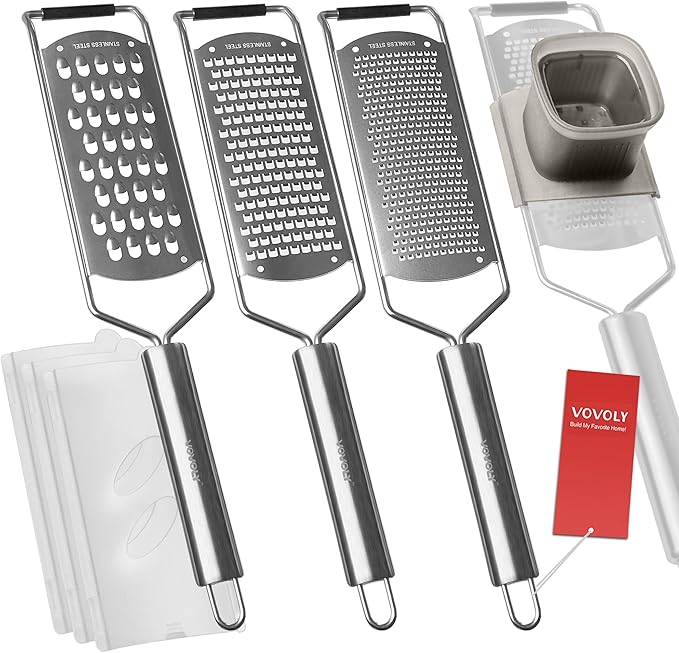 Vovoly 4-Pcs Pro Set Zester Grater Set, Cheese Grater with Razor-Sharp Stainless Steel Blade, Fine/Coarse/Extra Coarse/Slider Attachment