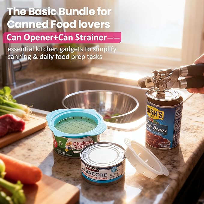 3 PCs Canning Tool Duo โ 1 Pack Magnetic Can Opener Bundle with 2 Packs Can Strainers Fit for 3.0''|3.5''|4.0-inches Can | Quick Strain Can Strainers | Easy to Use | Essential Kitchen Gadgets