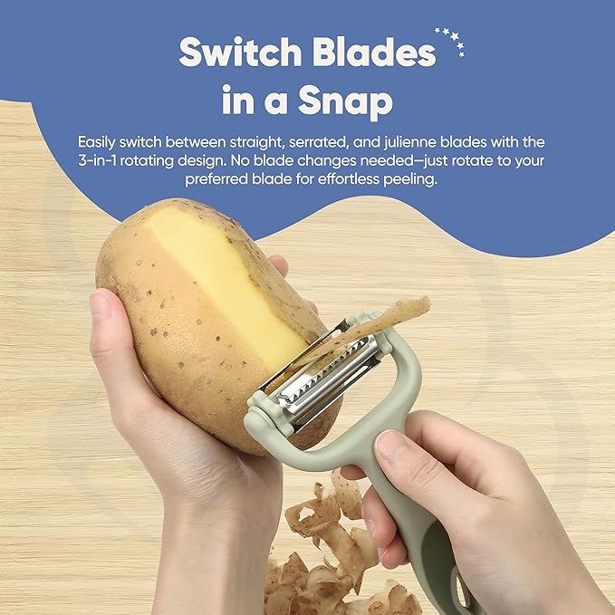 Chef’s Path Tri-Blade Y Peeler – Stainless Steel Fruit Peelers for Kitchen – Vegetable Slicer Kitchen Tools with Standard Peeler Blade, Serrated Peeler, Julienne Peeler and Pointed Blemish Remover
