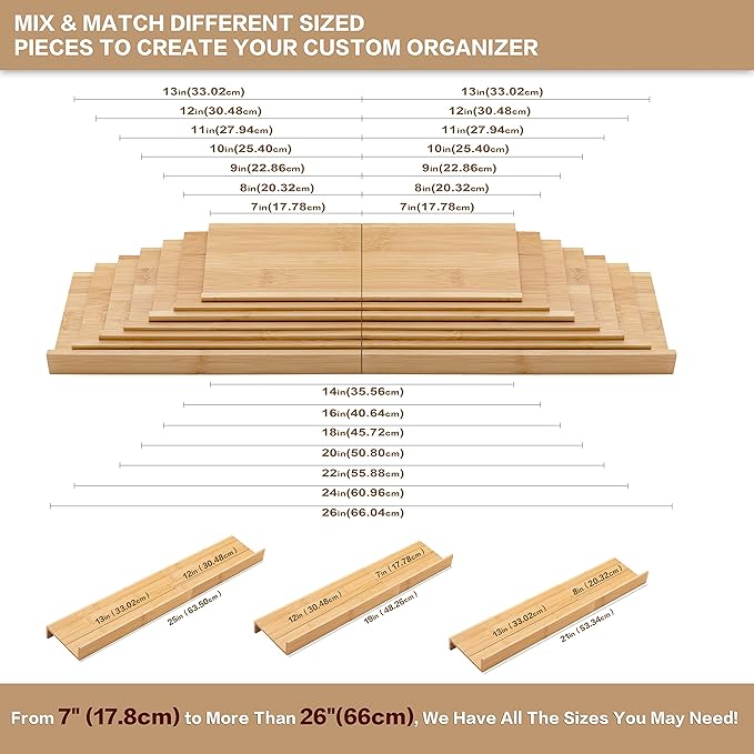 Bamboo Spice Rack Drawer Organizer - 8 Pieces Set- 10" Wide Per Piece - Combine Pieces Into 20" Wide Rack (10" or 20")