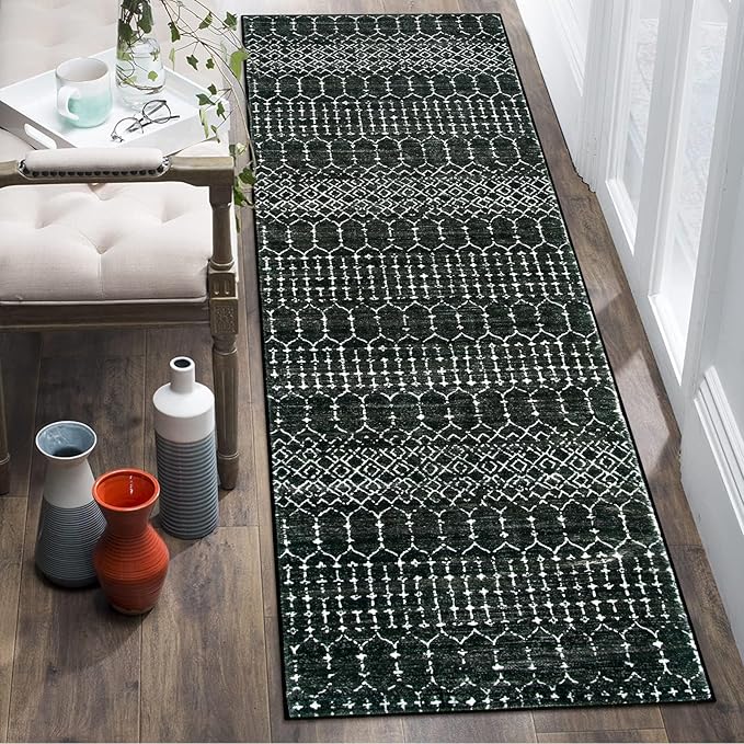 Lahome Moroccan Black Washable Runner - 2x5 Non-Slip Lightweight Laundry Room Rug Throw Soft Long Bathroom Rug, Geometric Print Carpet Runners for Kitchen Hallway (Black, 2'x5'')