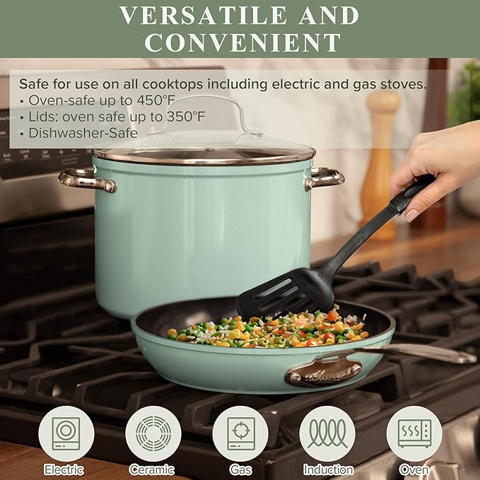 Nuwave Healthy Duralon Blue Ceramic Nonstick Cookware Set, Diamond Infused Scratch-Resistant, PFAS Free, Dishwasher & Oven Safe, Induction Ready & Evenly Heats, Tempered Glass Lids & Stay-Cool Handles