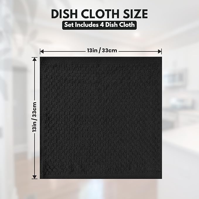 Infinitee Xclusives Premium Dish Cloth 100% Cotton 12 x 12 Inches |Pack of 4| - Ultra Soft Tea Towels - Highly Absorbent Kitchen Rags - Terry Dishcloth for Kitchen and Household Cleaning |Black|