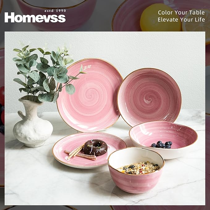 Highland 16-Piece Dinnerware Set Service for 4, Organic Shape Stoneware Plates and Bowls Set, Scratch Resistant, Microwave and Dishwasher Safe, Speckled Effect Handcrafted, Swirl Pink