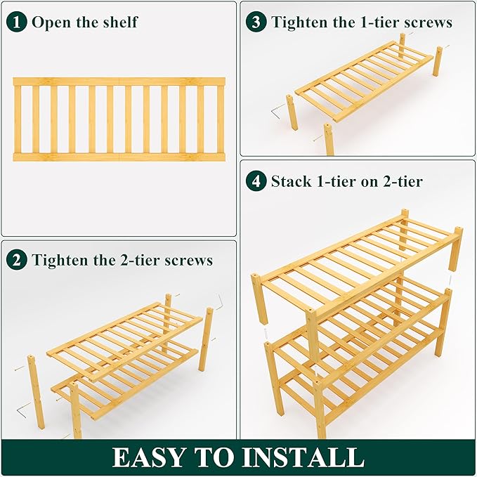 Smiry Shoe Rack, 3 Tier Thick Bamboo Shoe Organizer, Stackable Free Standing Wooden Shoe Storage Shelf for Closet, Entryway, Front Door Entrance, Natural