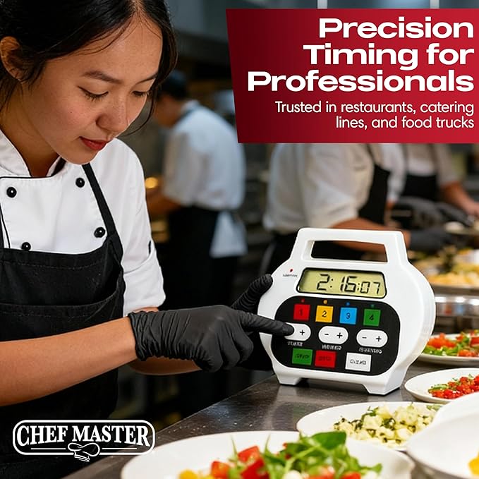 Chef Master 4-Channel Digital Kitchen Timer – Timer for Cooking, Baking & Grilling – LED Display Clock with Independent Countdown Functions for Food Preparation, Roasting, & Tracking - 90218